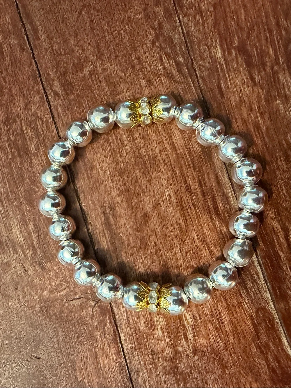Silver Beaded Bracelet with Gold crystal Accents